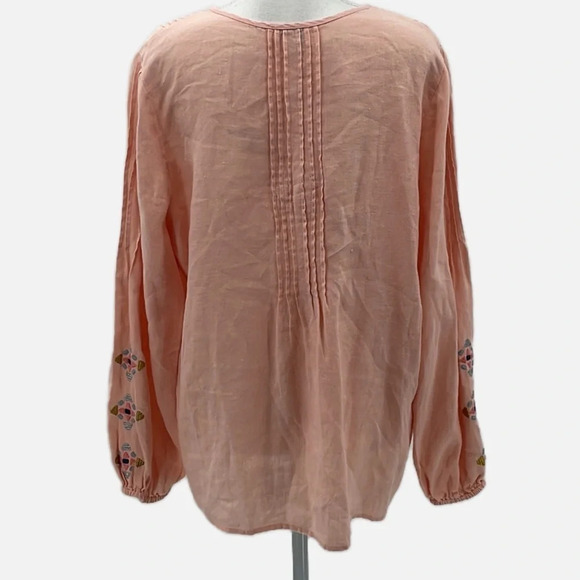 Sundance Linen Embroidered Balloon Sleeve Blouse in Peach - Size Medium - Picture 4 of 6